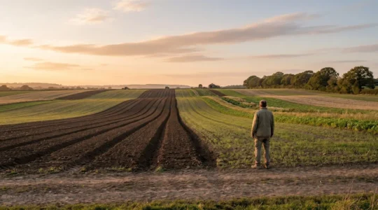 Agriculteur analysant ses parcelles pendant la période de conversion en agriculture biologique