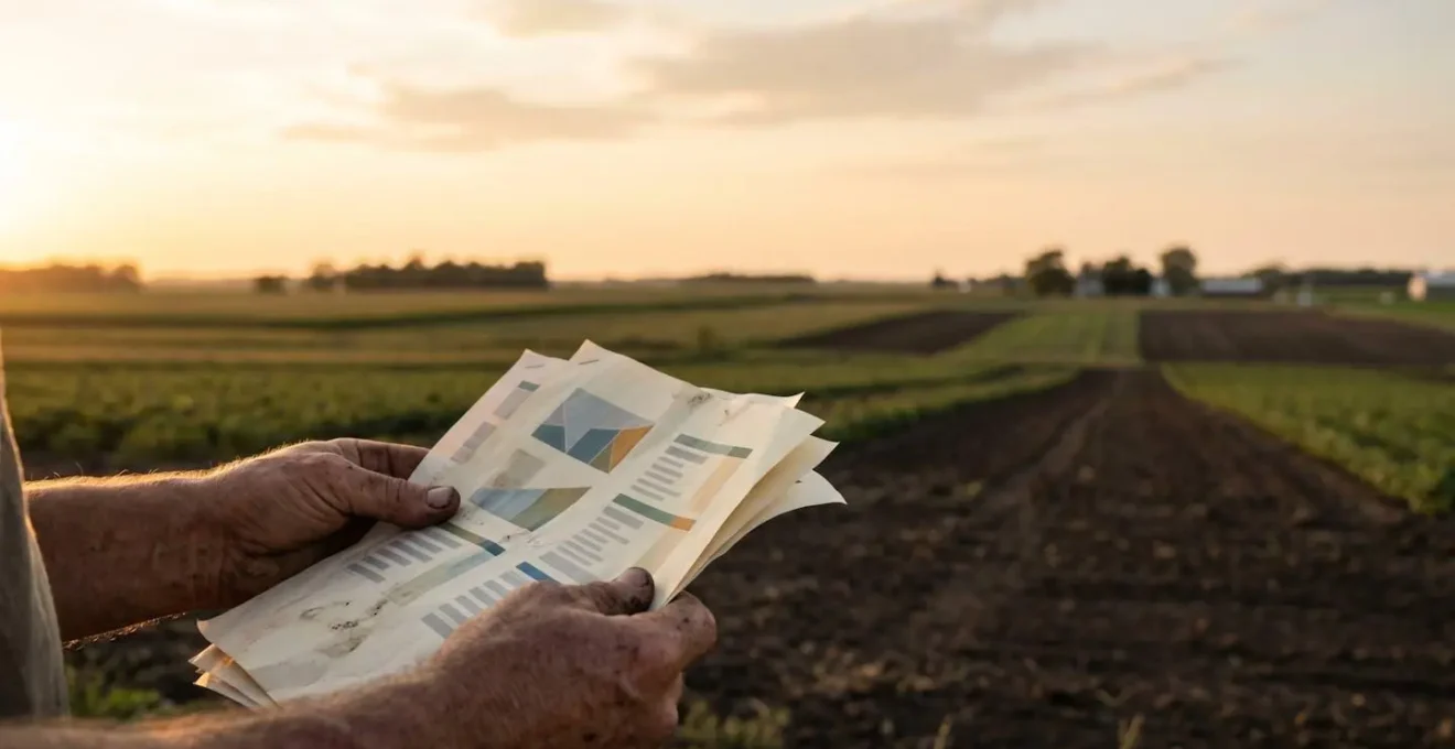 Agriculteur analysant les marges financières de son exploitation face à un paysage agricole