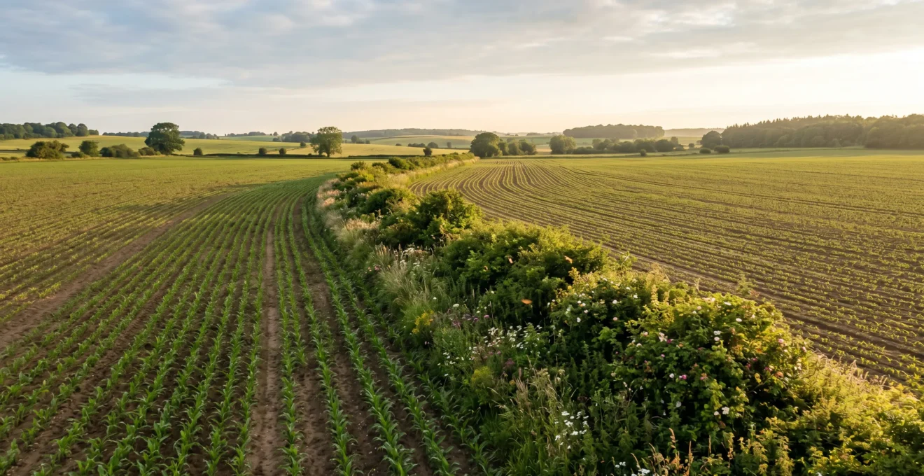 Champ agricole avec zone de biodiversite fonctionnelle et culture saine sous ciel lumineux