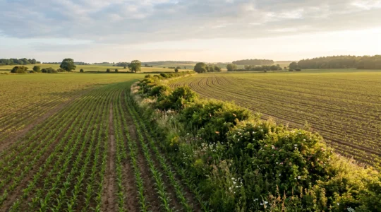 Champ agricole avec zone de biodiversite fonctionnelle et culture saine sous ciel lumineux