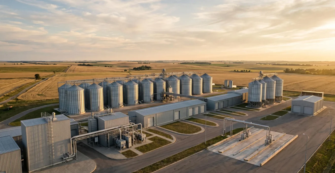 Vue d'ensemble d'un entrepôt agricole avec système de gestion moderne pour l'optimisation de l'assurance des stocks
