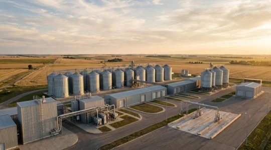 Vue d'ensemble d'un entrepôt agricole avec système de gestion moderne pour l'optimisation de l'assurance des stocks