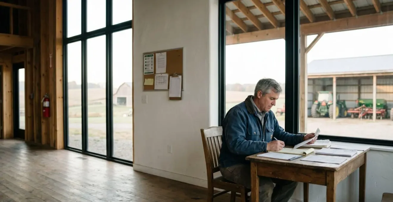 Un agriculteur examinant des documents de gestion des risques dans son exploitation, symbolisant l'auto-audit et l'anticipation