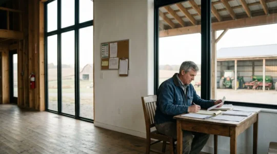 Un agriculteur examinant des documents de gestion des risques dans son exploitation, symbolisant l'auto-audit et l'anticipation