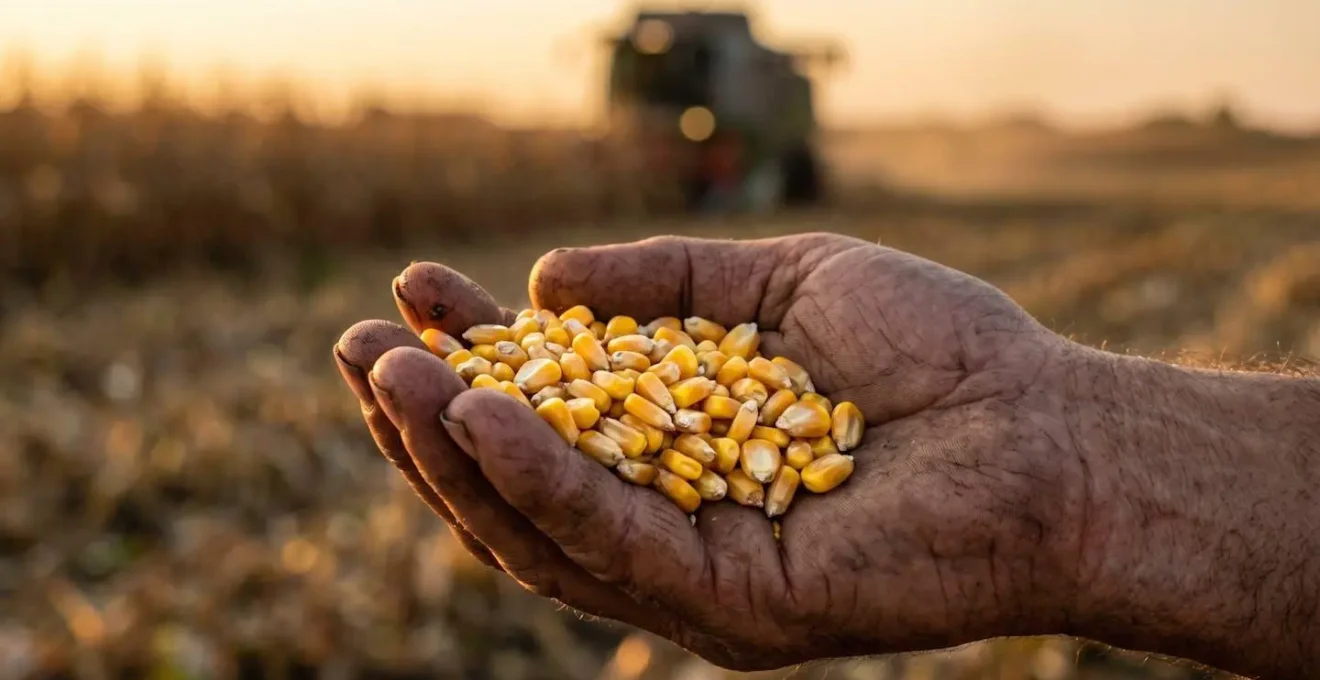 Gros plan sur des grains de maïs humide dans une main d'agriculteur après récolte