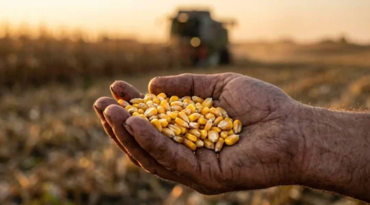 Gros plan sur des grains de maïs humide dans une main d'agriculteur après récolte