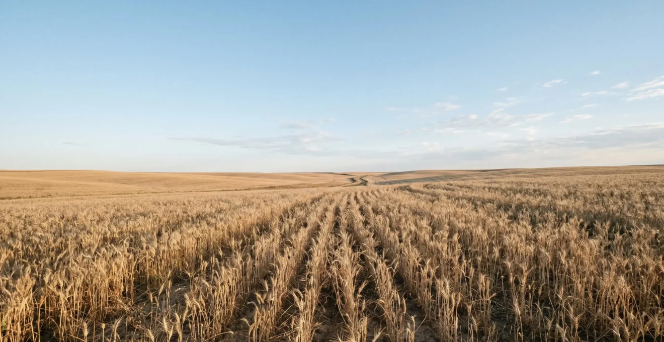 Vue large d'un champ de céréales sous climat sec avec ciel clair et espace négatif