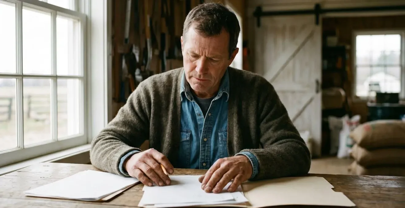 Agriculteur examinant attentivement des documents de contrat d'assurance dans un environnement agricole naturel