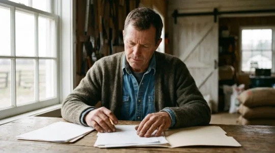 Agriculteur examinant attentivement des documents de contrat d'assurance dans un environnement agricole naturel