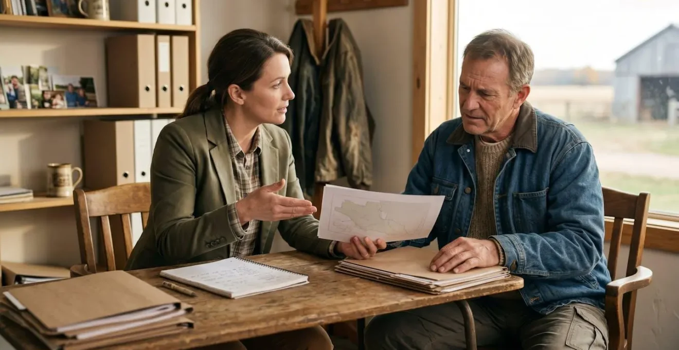 Professionnel conseillant un agriculteur sur des documents administratifs dans un environnement agricole