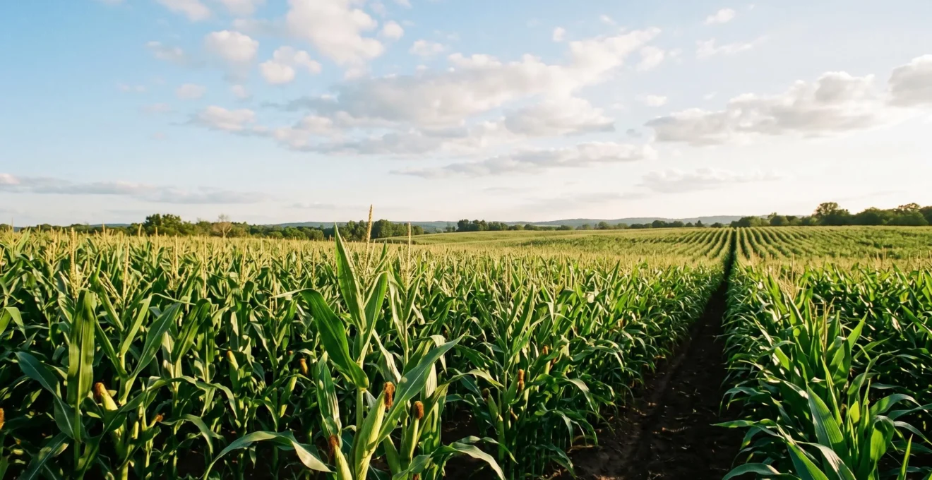 Gros plan sur des épis de maïs sains dans un champ sous climat sec, illustrant la résilience agricole face aux quotas d'eau réduits