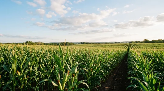 Gros plan sur des épis de maïs sains dans un champ sous climat sec, illustrant la résilience agricole face aux quotas d'eau réduits