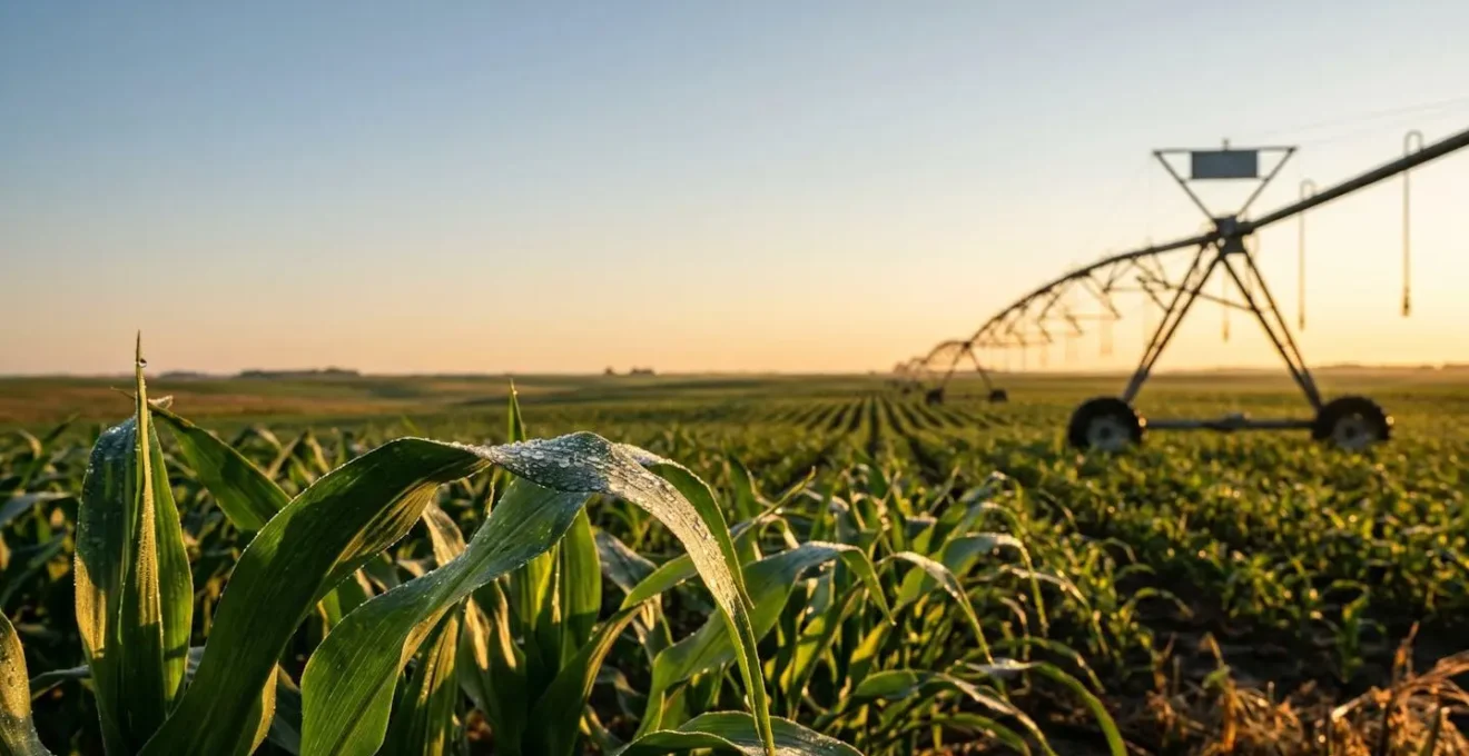 Gouttes d'eau sur feuilles de maïs au petit matin avec sonde capacitive en arrière-plan flou dans un champ agricole