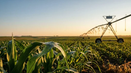 Gouttes d'eau sur feuilles de maïs au petit matin avec sonde capacitive en arrière-plan flou dans un champ agricole