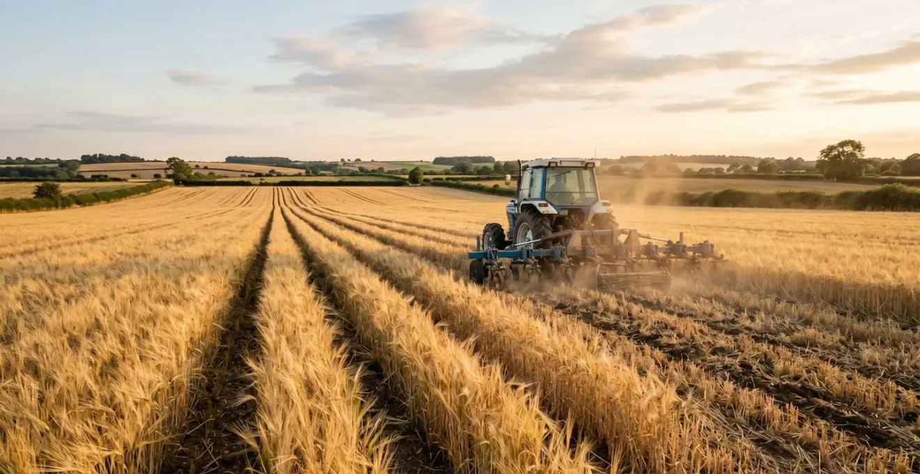Vue panoramique d'un champ de céréales en cours de désherbage mécanique montrant le travail de précision entre les rangs