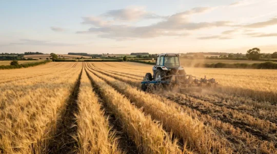 Vue panoramique d'un champ de céréales en cours de désherbage mécanique montrant le travail de précision entre les rangs