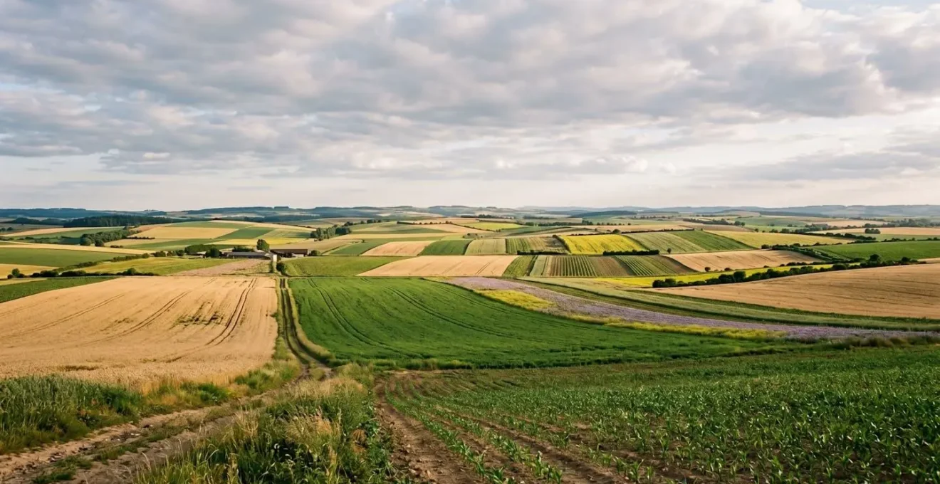 Exploitation agricole avec plusieurs cultures diversifiées pour protéger le revenu face aux crises de marché