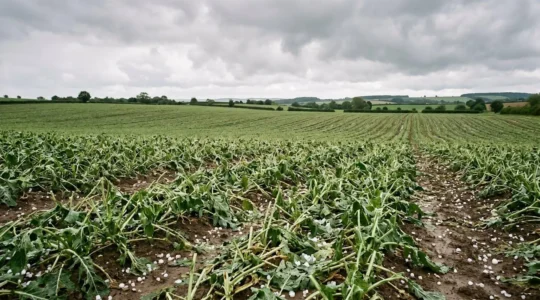 Documentation des dégâts après un orage de grêle sur une parcelle agricole pour constituer un dossier d'assurance solide