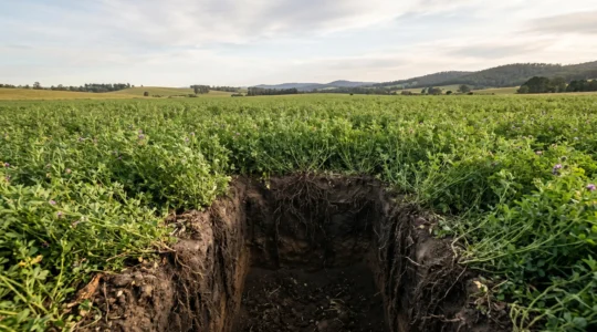 Prairie de luzerne verdoyante avec système racinaire profond visible en coupe de sol, symbolisant l'autonomie protéique en élevage