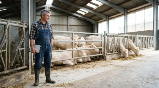 Éleveur consultant les données de traçabilité des bovins dans un bâtiment d'élevage moderne