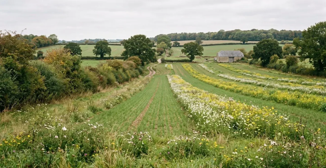 Vue d'ensemble d'une ferme agroécologique avec bandes fleuries, haies et cultures diversifiées sous un ciel nuageux