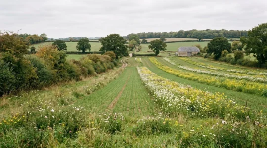 Vue d'ensemble d'une ferme agroécologique avec bandes fleuries, haies et cultures diversifiées sous un ciel nuageux