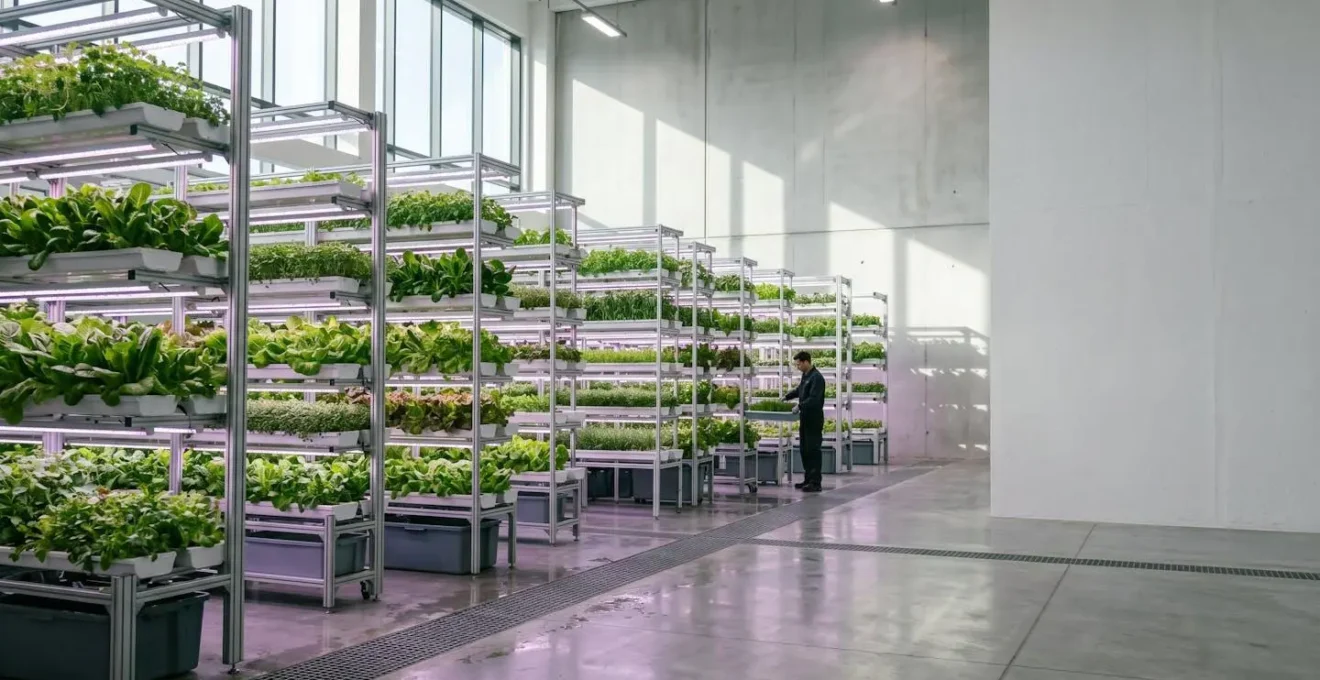 Installation de culture hydroponique verticale dans un environnement urbain moderne avec éclairage LED professionnel