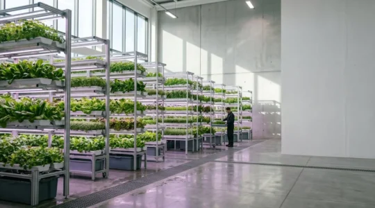 Installation de culture hydroponique verticale dans un environnement urbain moderne avec éclairage LED professionnel