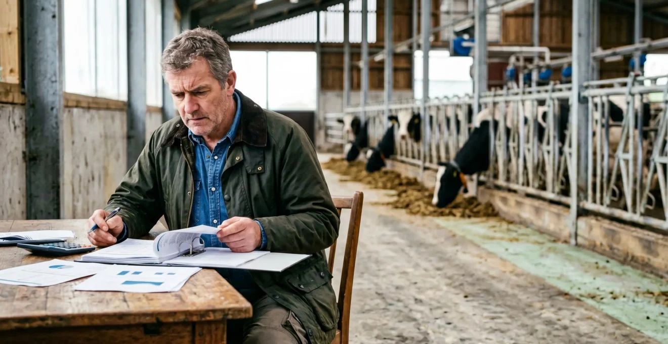 Éleveur consultant des documents financiers dans une étable moderne avec des bovins laitiers en arrière-plan
