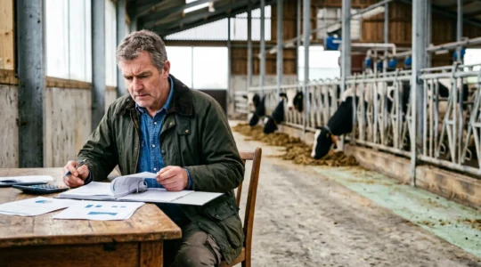 Éleveur consultant des documents financiers dans une étable moderne avec des bovins laitiers en arrière-plan