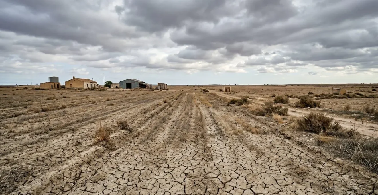 Vue d'ensemble d'une exploitation agricole avec champs sous un ciel nuageux illustrant les défis de la sécheresse