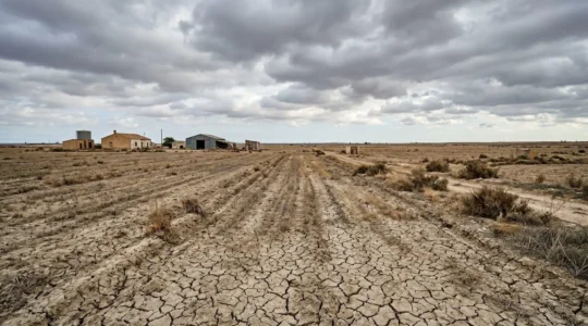 Vue d'ensemble d'une exploitation agricole avec champs sous un ciel nuageux illustrant les défis de la sécheresse
