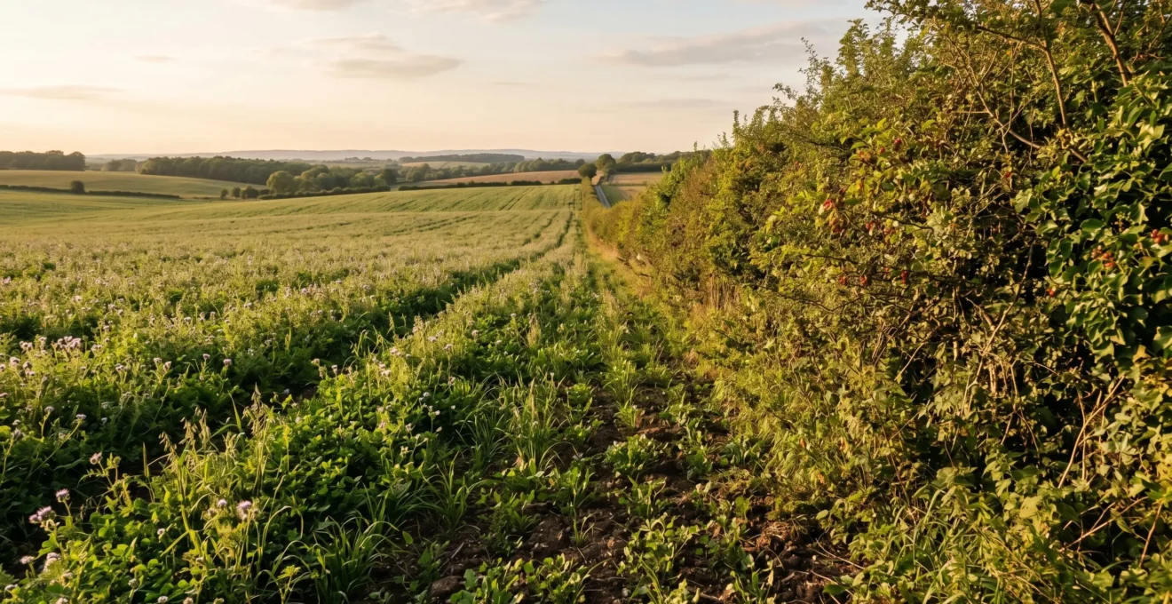 Haie bocagère verdoyante en bordure de parcelle agricole avec culture de couvert végétal
