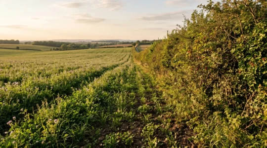 Haie bocagère verdoyante en bordure de parcelle agricole avec culture de couvert végétal
