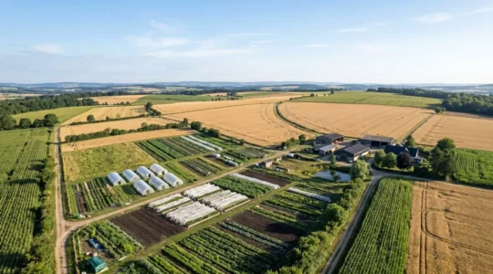 Vue aerienne d'une exploitation agricole diversifiee integrant cultures maraicheres et grandes cultures