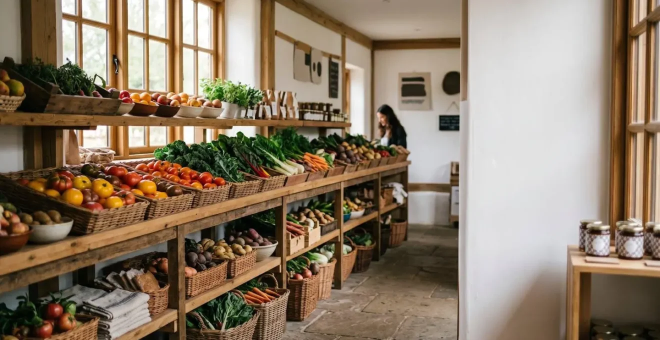 Intérieur accueillant d'un magasin à la ferme avec produits locaux en mise en scène naturelle