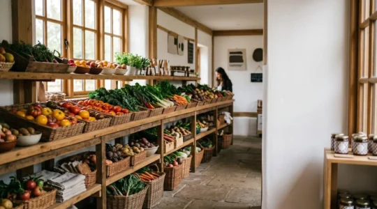Intérieur accueillant d'un magasin à la ferme avec produits locaux en mise en scène naturelle