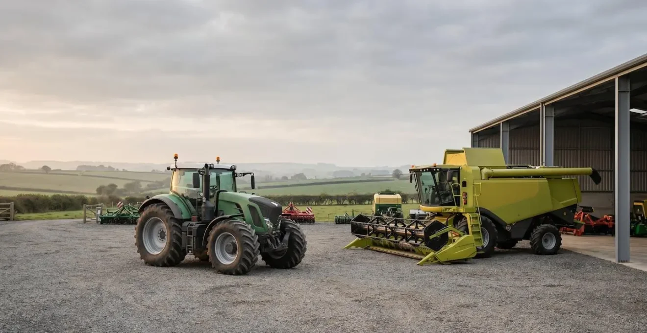 Vue d'ensemble d'un parc de matériel agricole moderne comprenant tracteur et moissonneuse pour exploitation céréalière