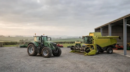 Vue d'ensemble d'un parc de matériel agricole moderne comprenant tracteur et moissonneuse pour exploitation céréalière