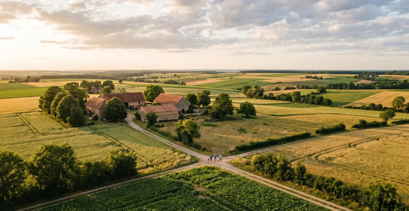 Paysage agricole français avec parcelles diversifiées et bâtiments de ferme