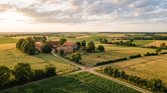 Paysage agricole français avec parcelles diversifiées et bâtiments de ferme