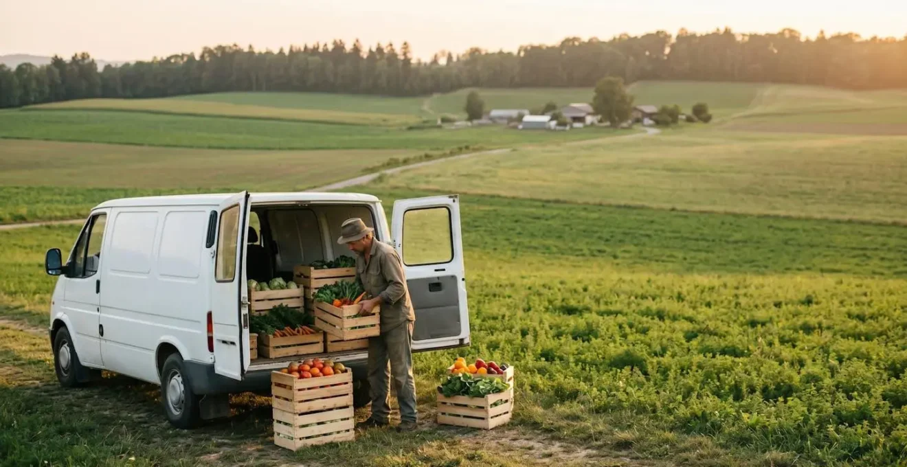 Producteur agricole préparant des paniers de légumes frais près de sa camionnette de livraison dans un environnement de ferme
