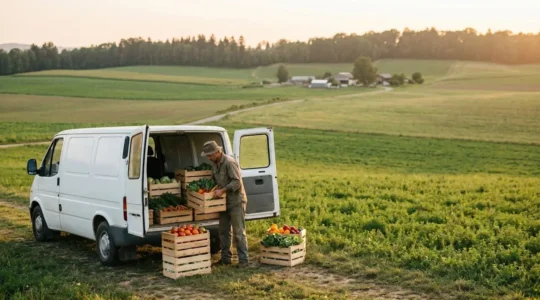 Producteur agricole préparant des paniers de légumes frais près de sa camionnette de livraison dans un environnement de ferme