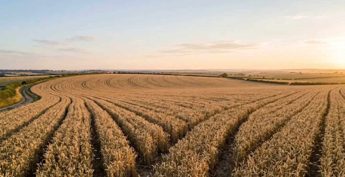 Vue aérienne d'une parcelle agricole avec plants de céréales sains, symbolisant une gestion optimisée des traitements fongicides
