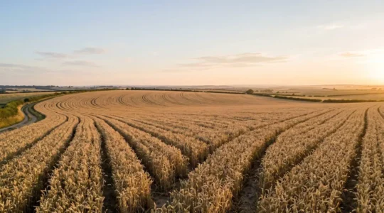 Vue aérienne d'une parcelle agricole avec plants de céréales sains, symbolisant une gestion optimisée des traitements fongicides