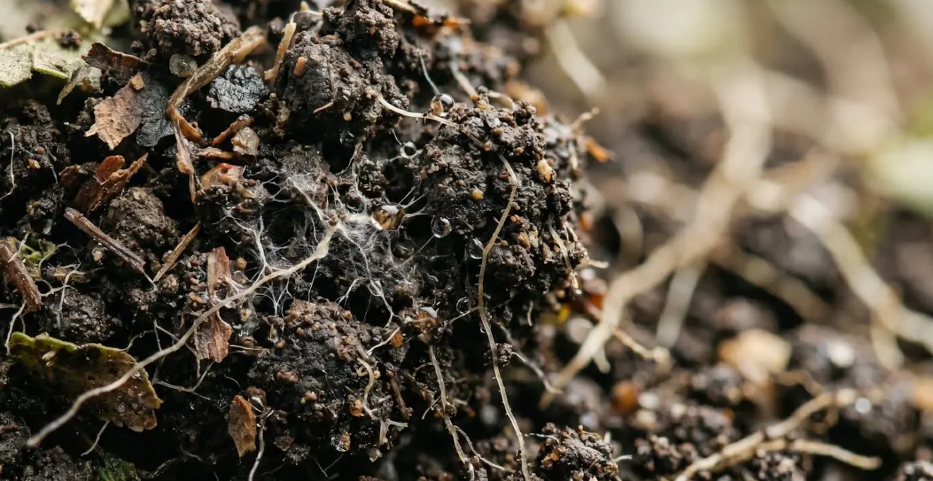 Vue macro détaillée de la structure vivante d'un sol agricole en cours de régénération biologique