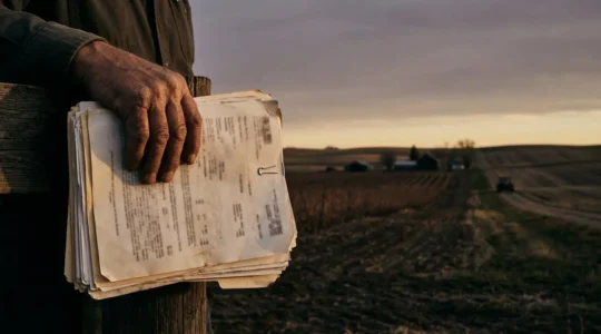 Une main d'agriculteur tenant des documents financiers face à un paysage agricole au crépuscule, symbolisant l'année blanche et la restructuration