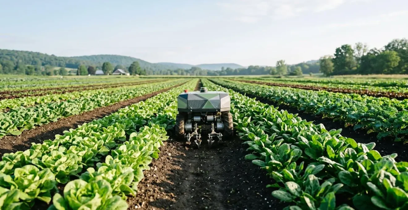 Robot de désherbage électrique autonome travaillant entre les rangées de légumes dans une exploitation maraîchère moderne