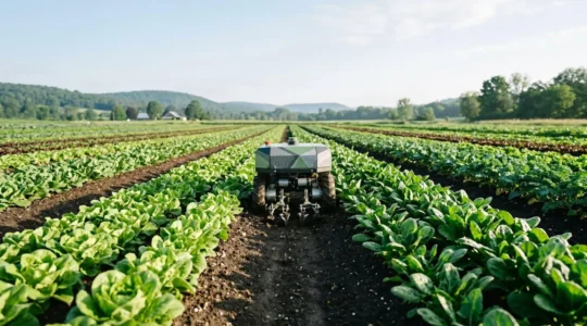 Robot de désherbage électrique autonome travaillant entre les rangées de légumes dans une exploitation maraîchère moderne