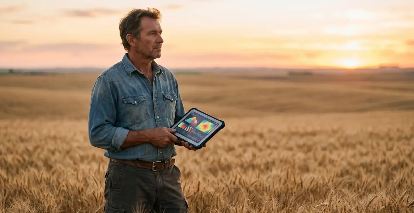 Un agriculteur consultant des données de marché céréalier dans un champ de blé doré au coucher du soleil